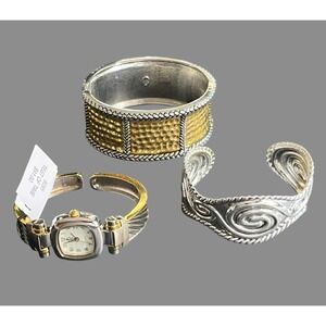 BRACELET/WATCH LOT Premier Designs 2-Tone Hammered BANGLE Silver Cuff Wristwatch